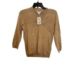 Charter Club V-Neck Sweater Womens Small Camel Silk Nylon Blend